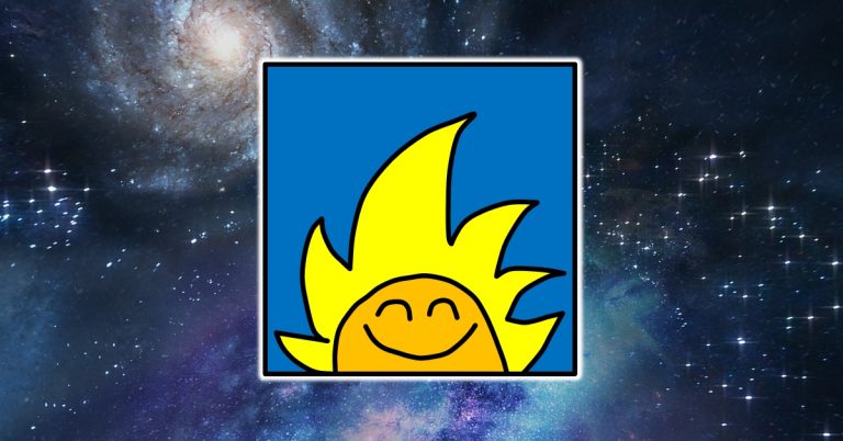 לוגו ימים מיוחדים לעסקים מרחף בחלל. לוגו ימים מיוחדים לעסקים הוא ראש של דמות מצוירת מחייך עם פנים כתומות ושיער צהוב ארוך שדומה לשמש שזורחת על רקע כחול סולידי.