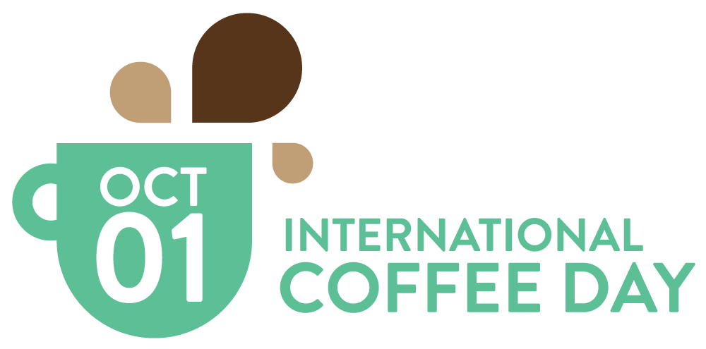 בצד שמאל הכיתוב "OCT 01" בלבן על רקע איור של ספל קפה ירוק עם טיפות קפה חומות ניתזות ממנו. בצד ימים הכיתוב "INTERNATIONAL COFFEE DAY" בירוק.