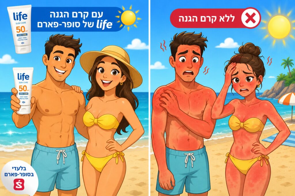 איור מחולק ל-2: מימין: אישה וגבר על החוף ללא קרם הגנה, עם כוויות שמש אדומות על כל הגוף. משמאל: אותם שני אנשים עם קרם הגנה של המותג Life של סופר פארם, נראים טוב, חייכניים ומלאי חיים. הצעה לפרסומת שנוצרה עם AI.